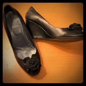 black leather wedge heels